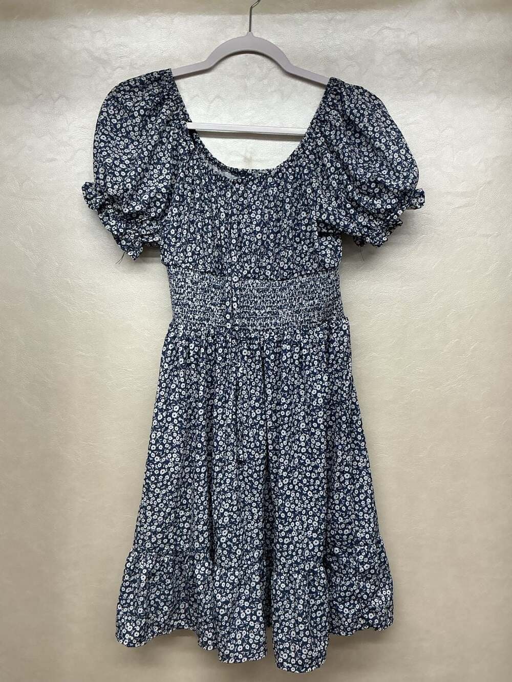 Blue and White Floral Print Puff Sleeve Smocked Square Neck Mini Dress